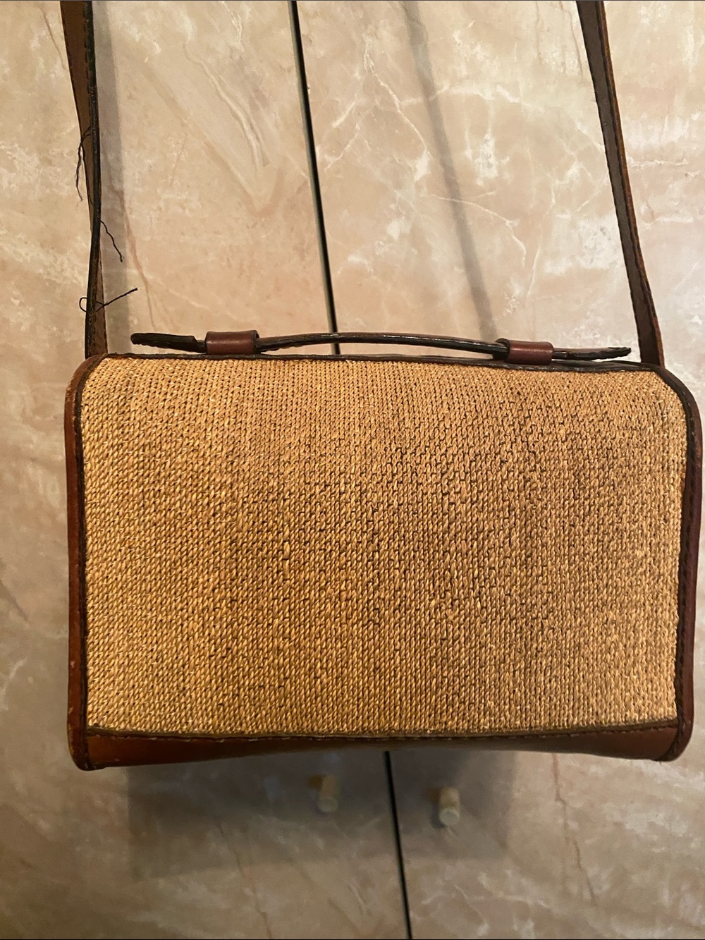 Woven Straw Crossbody Camera Bag with Brown Leather Trim - Picture 4 of 6